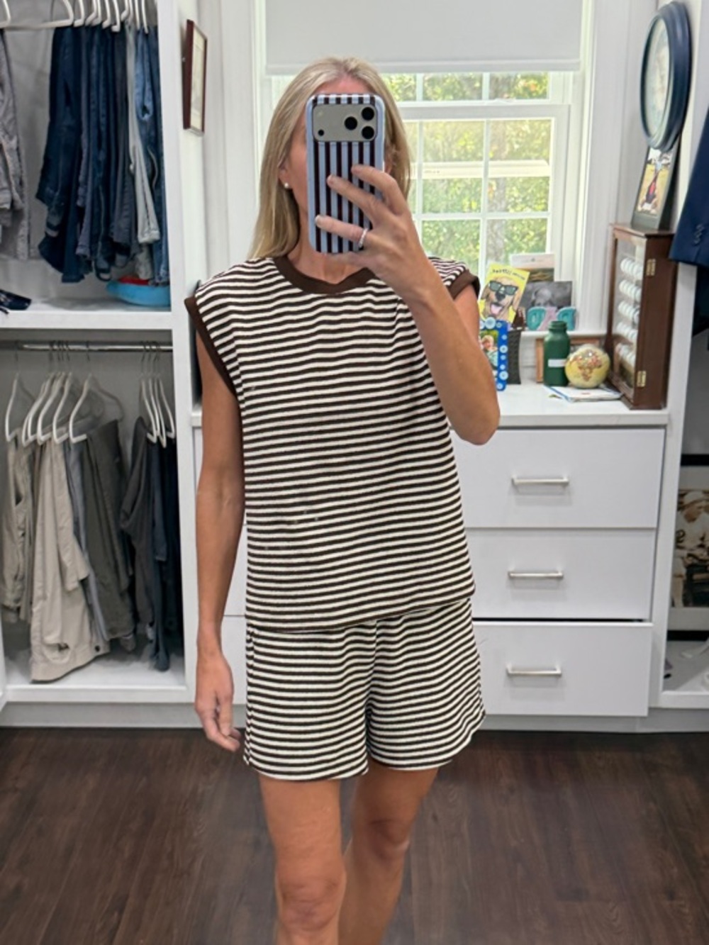 Avara Striped Brown & White Knit Tank Top & Shorts Set XS